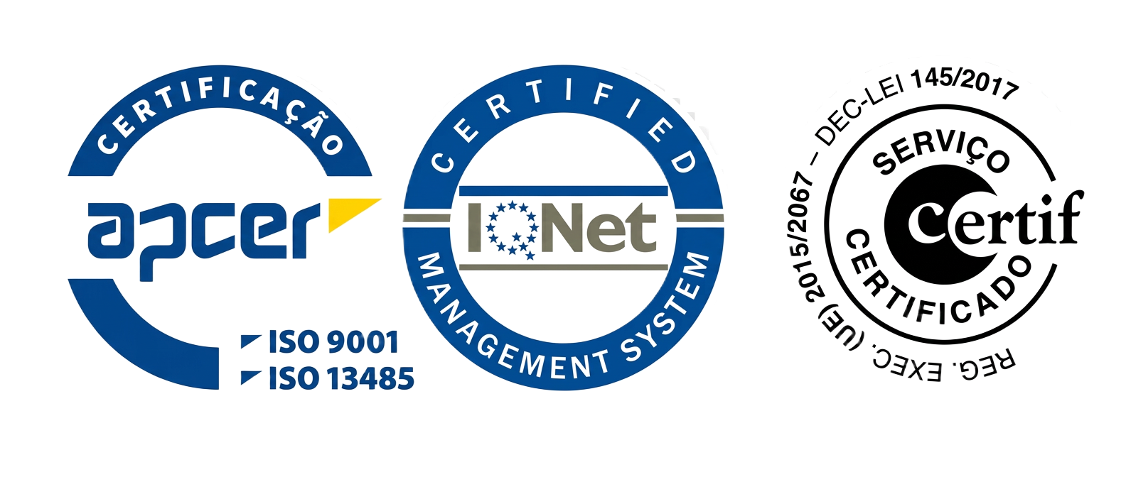 Certificações APCER ISO 9001, ISO 13485, IQNet e Certif (DEC-LEI 145/2017)